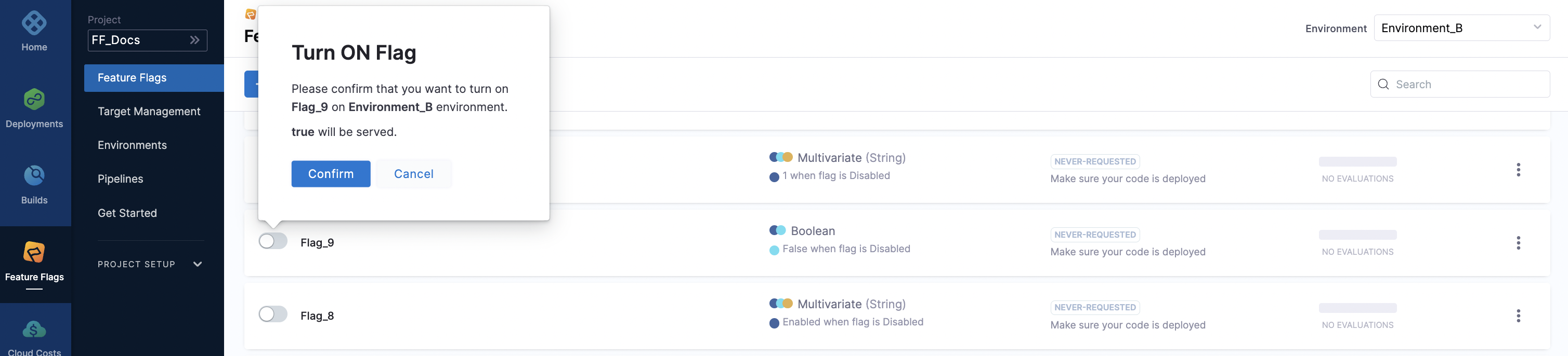 A screenshot of a message asking the user to confirm they want to toggle a flag on.